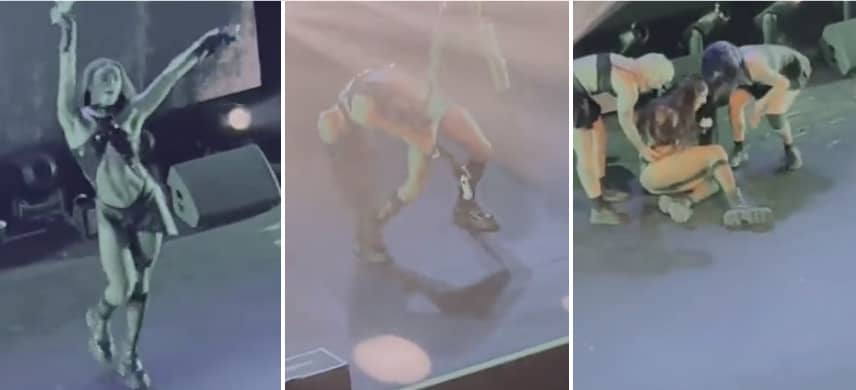 Sequencia de imagens que mostra a quede de Pabllo Vittar durante seu show em Nova York