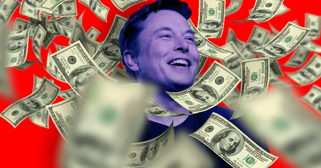 Montagem ilustrativa com Elon Musk, o homem mais rico do mundo, em que ele aparece cercado de notas de dólar que estão voando sobre ele.