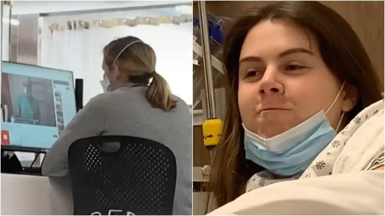 Duas imagens justapostas onde na primeira aparece a médica sentada em frente a um computador olhando o vídeo tutorial e na outra aparece a paciente com cara de quem não gostou nada do que estava vendo.