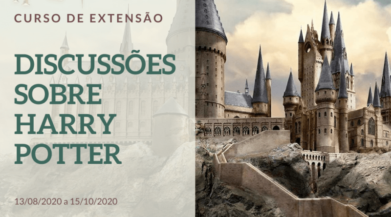 Cartaz sobre o curso de extensão sobre Harry Potter da UTFPR onde aparece como plano de fundo parcial o castelo de Hogwarts, a frente, no lado esquerdo está escrito em verde com um fundo transparente branco as palavra
