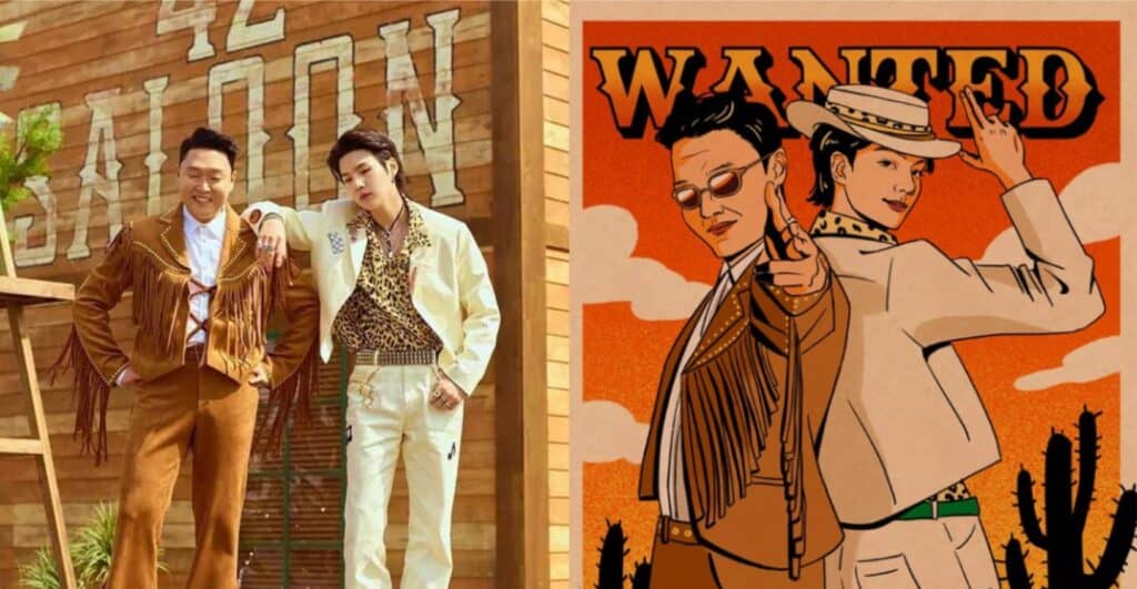 Foto do PSI e SUGA vestidos de cowboy e ao lado uma ilustração fanart do clipe